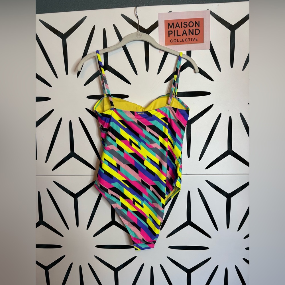 NWT RELLECIGA Bandeau One-Piece Swimsuit Neon Stripes Size L - Picture 5 of 12
